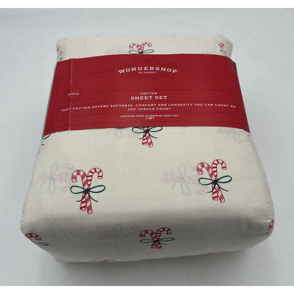 Wondershop Holiday Cotton Sheet Set Candy Canes 200 Thread Count Queen Size .